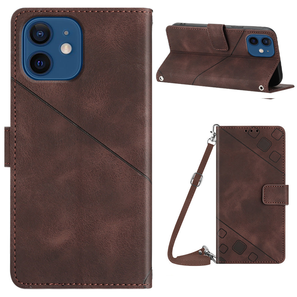 PT005 YB Imprinting Series-7 for iPhone 12 12 Pro Wallet Stand Phone Case Imprinted Lines Leather Cover with Shoulder Strap PT005 YB Imprinting Series-7 for iPhone 12 12 Pro Wallet Stand Phone Case Imprinted Lines Leather Cover with Shoulder Strap